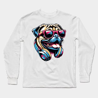 Grinning Pug DJ Enjoys Music in Bold Japanese Art Long Sleeve T-Shirt